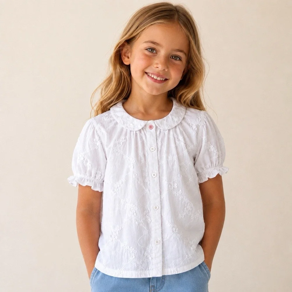 Mini Boden Girls 6-7Y White Embroidered Cotton Peter Pan Collar Blouse